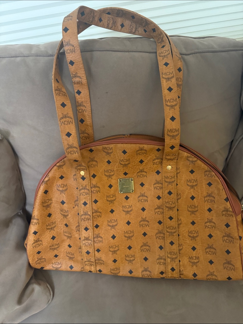 MCM Cognac Visetos Dome Satchel - Cognac with Black Motif